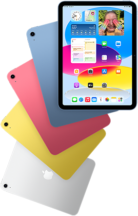 Front view iPad shows home screen, behind are four back facing iPad models in blue, pink, yellow, and silver