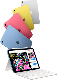 iPad in blue, pink, yellow, and silver colors and iPad attached to the Magic Keyboard Folio with Apple Pencil