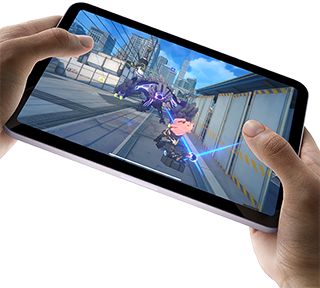 iPad mini held by a user's hands in landscape view playing a graphically intense game