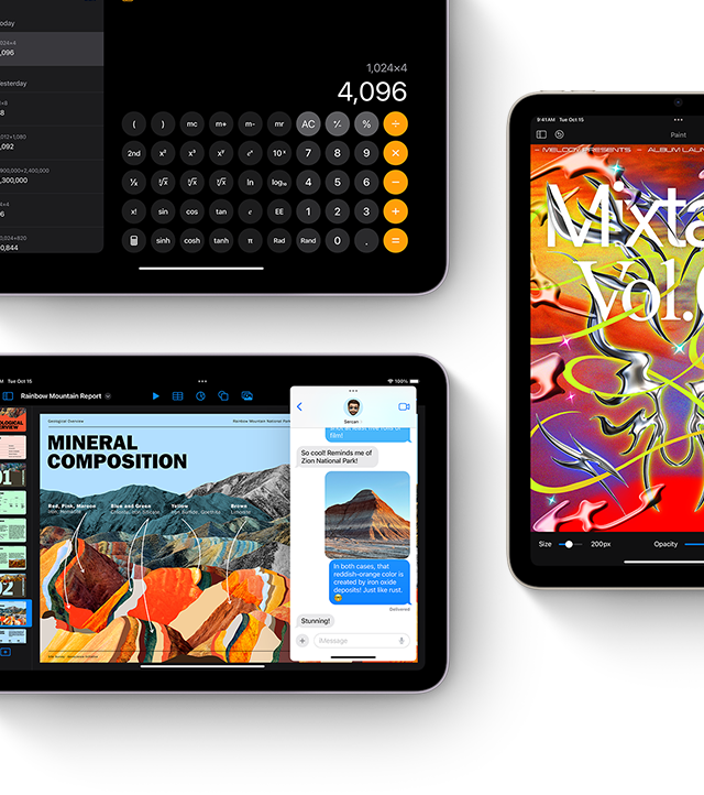 Three iPad mini displays showing iPadOS and apps features
