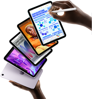 Five iPad mini models are shown in a fan formation held by a user's hands. One model shows the back camera, the other four are front facing. Apple Pencil Pro is being used to take notes