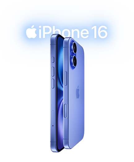 iPhone 16 สองเครื่อง, ตัวเครื่องภายนอกด้านข้าง, วางซ้อนแบบหันหน้าเข้าหากันในสีน้ำเงินอัลตร้ามารีน, ปุ่มปรับระดับเสียง, ปุ่มแอ็คชั่น, ปุ่มด้านข้าง, ปุ่มตัวควบคุมกล้อง, โลโก้ Apple ตรงกลาง, ระบบกล้องคู่สุดล้ำที่ยกสูงขึ้น