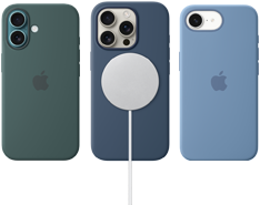 Various iPhone MagSafe accessories. iPhone 16 Silicone Case with MagSafe, Lake Green, iPhone 16 Pro Silicone Case with MagSafe, Denim, connected to MagSafe charger, white, iPhone 16e Silicone Case, Winter Blue